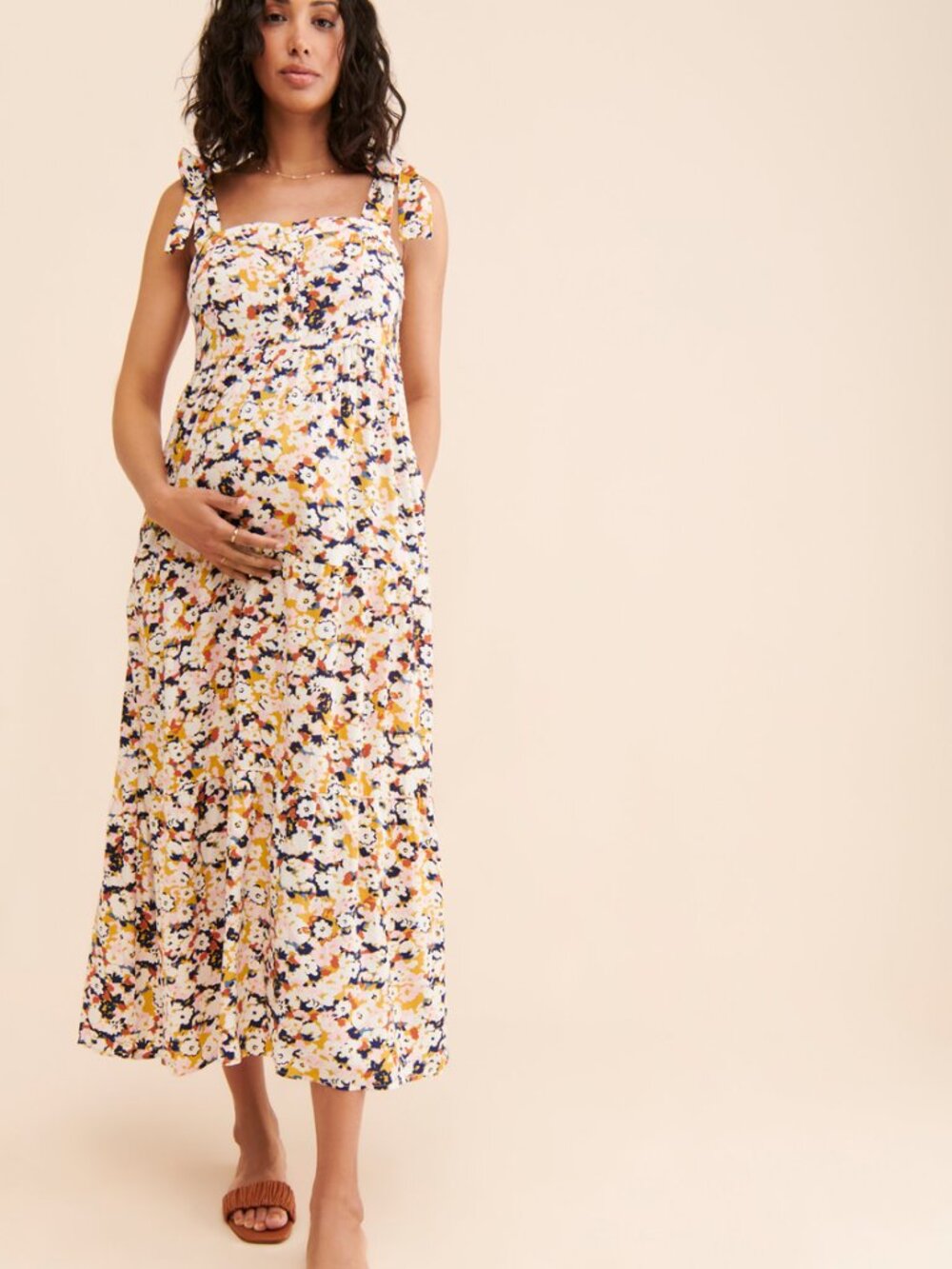 NOM Maternity Ana Floral Nursing Maxi Dress Tie Strap Rayon Size Small $128